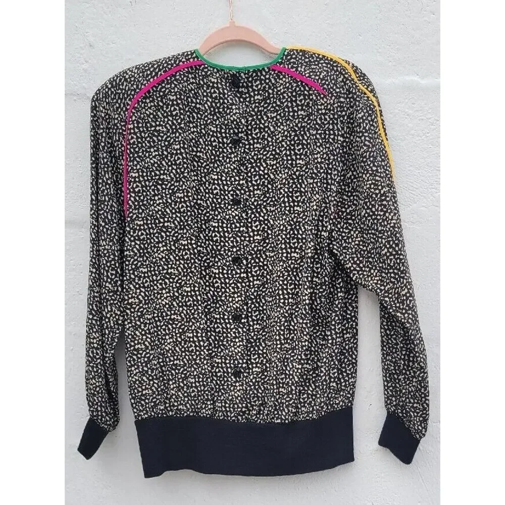 Vintage 80s Silk Blouse Womens Large‎ 8 Neon Pink Green Animal Print Top Shirt - Picture 2 of 10